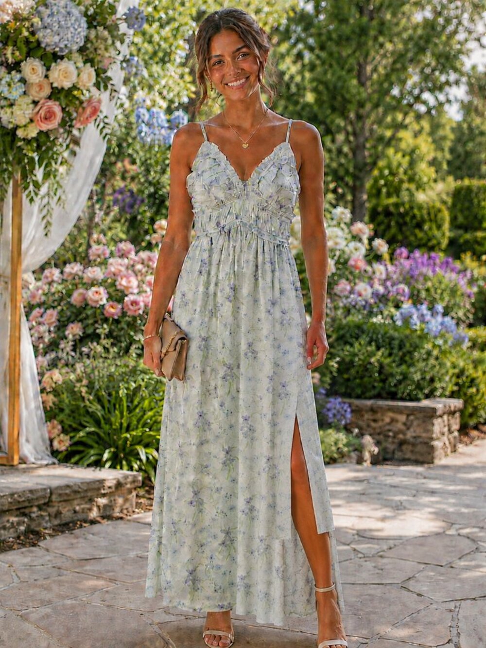 STORIA Slveless V-Neck Smocked Back White Floral Sheer Overlay Lined Dress NWT S